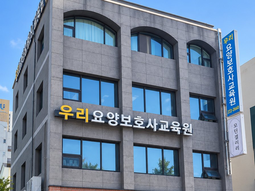 간판이 걸린 우리요양보호사교육원 건물